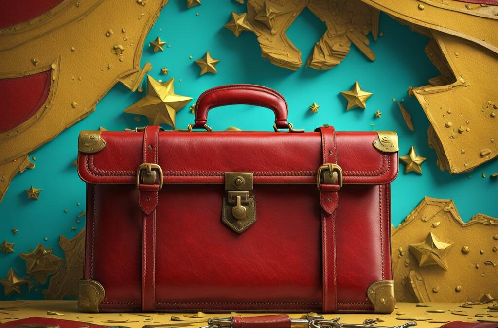 Red leather briefcase with gold accents surrounded by golden stars on turquoise background, representing business planning and financial strategy